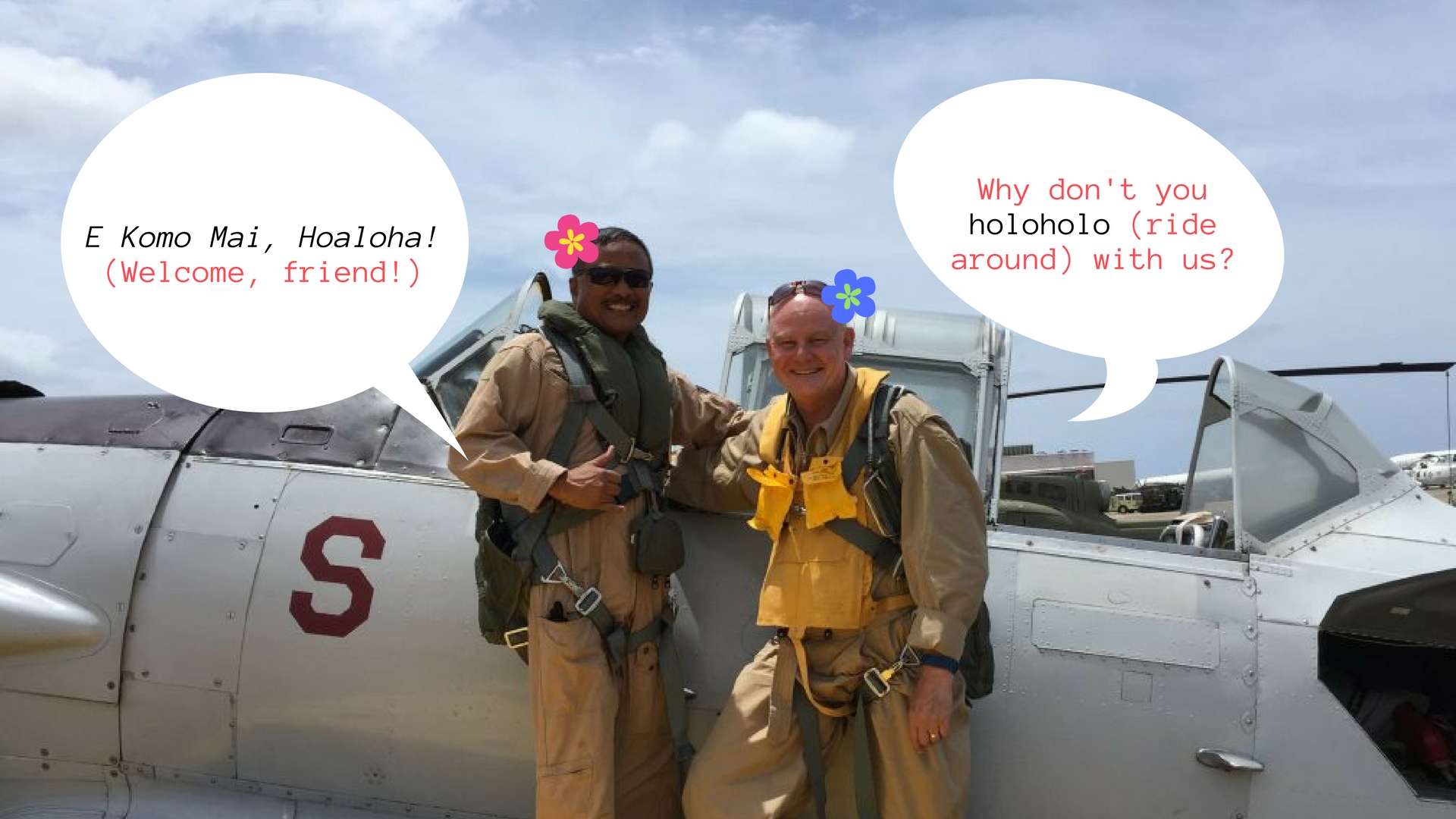 Hawaiian-words a couple of people standing around a plane